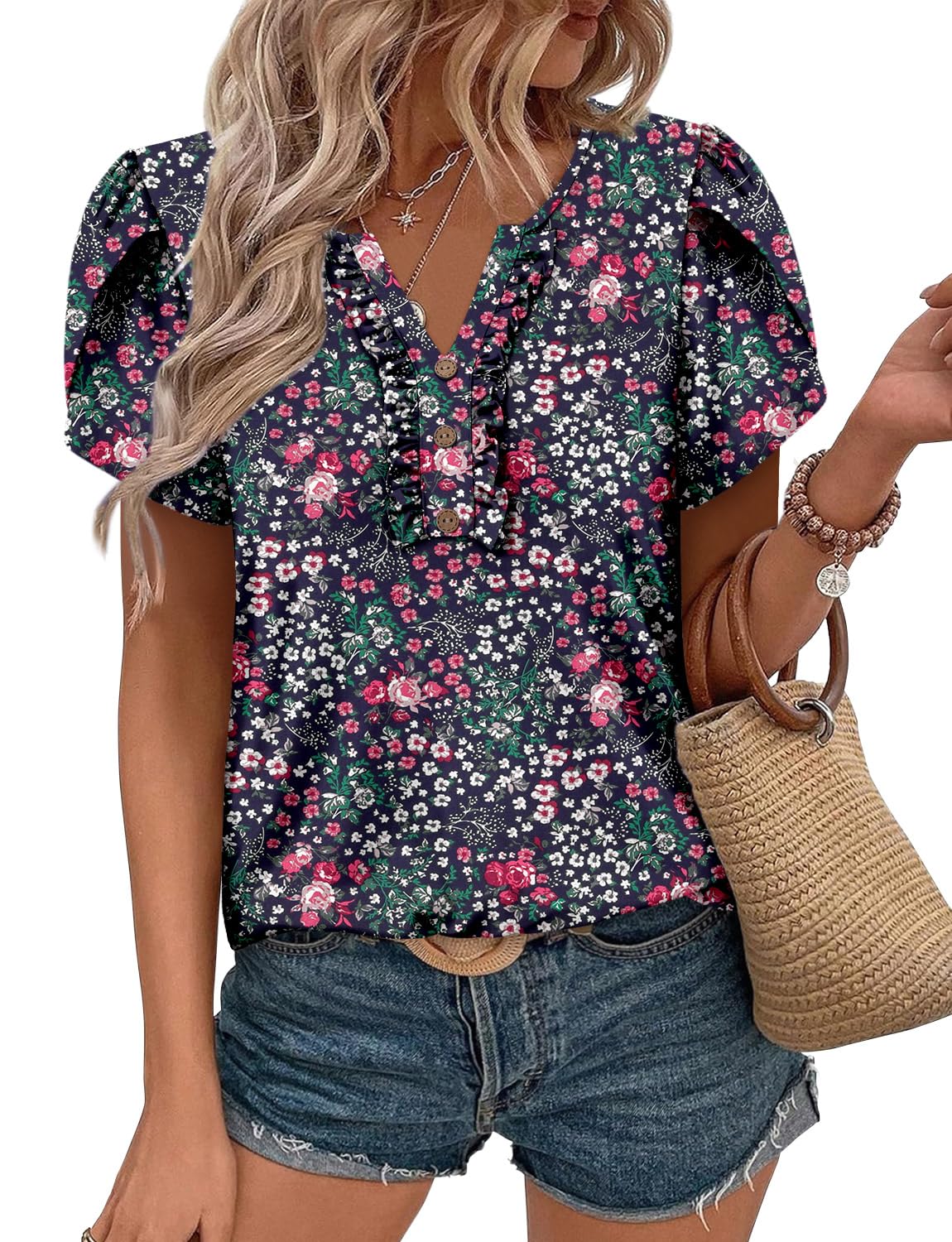 KISSMODA Women's Tunic Tops Casual V Neck Short
