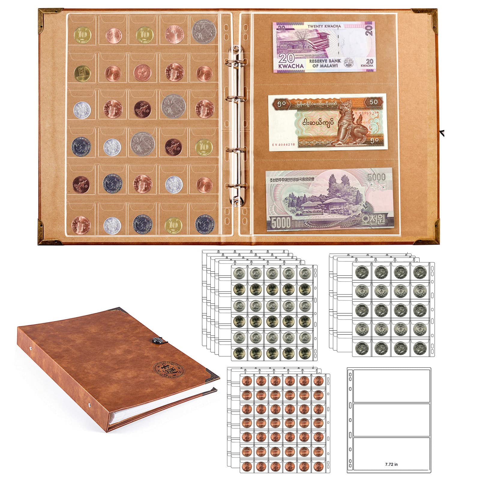 Ettonsun 398-Pocket 4-in-1 Leather Coin & Paper Money Collecting Holder Album,Large Coin Collection Book with 386 Coin Pockets & 12 Currency Pockets,Coin Collection Supplies Book Holder for Collectors