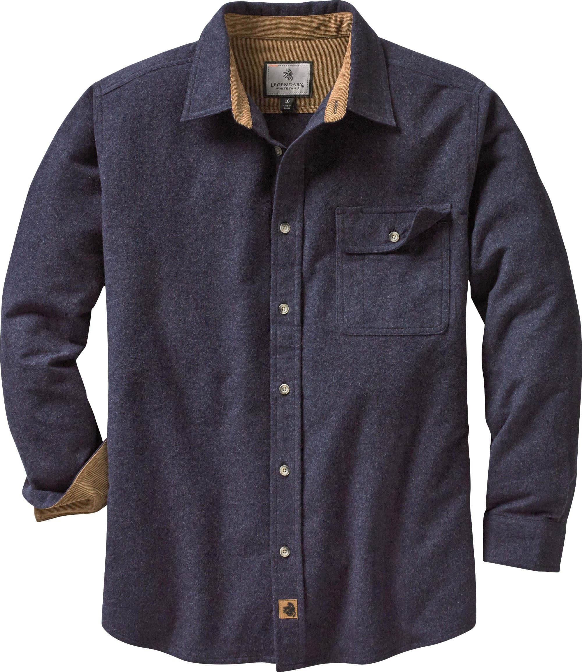 Photo 1 of Legendary Whitetails Men's Tall Buck Camp Flannel, Long Sleeve Plaid Button Down Casual Shirt, Corduroy Cuffs, Navy Heather, XX-Large