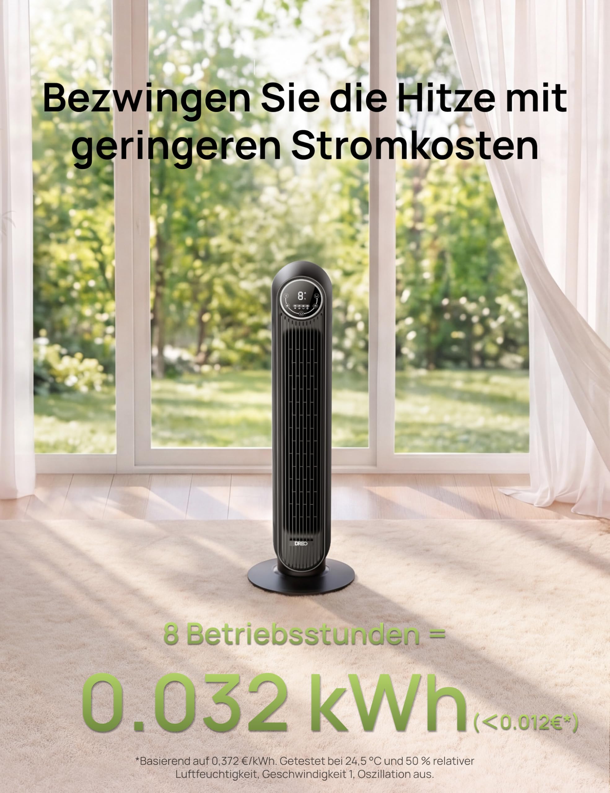 DREO Leiser Turmventilator, 10 m Wurfweite 4 Geschwindigstufen 4 Modi 8 Std. Timer 90° oszillierende Ventilator mit Kühlung Fernbedienung für Schlafzimmer,Turmventilator 307, Schwarz 9