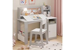 XILINGOL Kids Study Desk with Chair and Tiltable Desktop, Kids Stud Des and Chair Set with Hutch&Storage Cabinet, Wooden Children Study Table for 5-12 Years Old, Student Writing Desk for Bedroom (Grey)