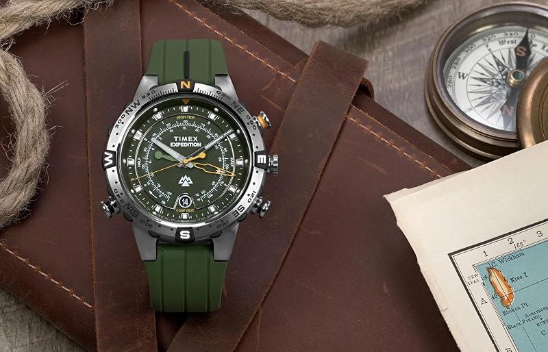 Expedition TW2Y14400 - Relógio de quartzo para homens, bracelete de silicone verde com mostrador verde e caixa em aço inoxidável, 45 mm, para homens