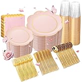 WONDERFUL 350PCS Pink Plastic Plates for Party Plates Disposable Heavy Duty Pink Gold Wedding Plate High End Plastic Dinnerware Sets for 50 Guests - Plate and Cups and Wedding Napkins Sets Large Party