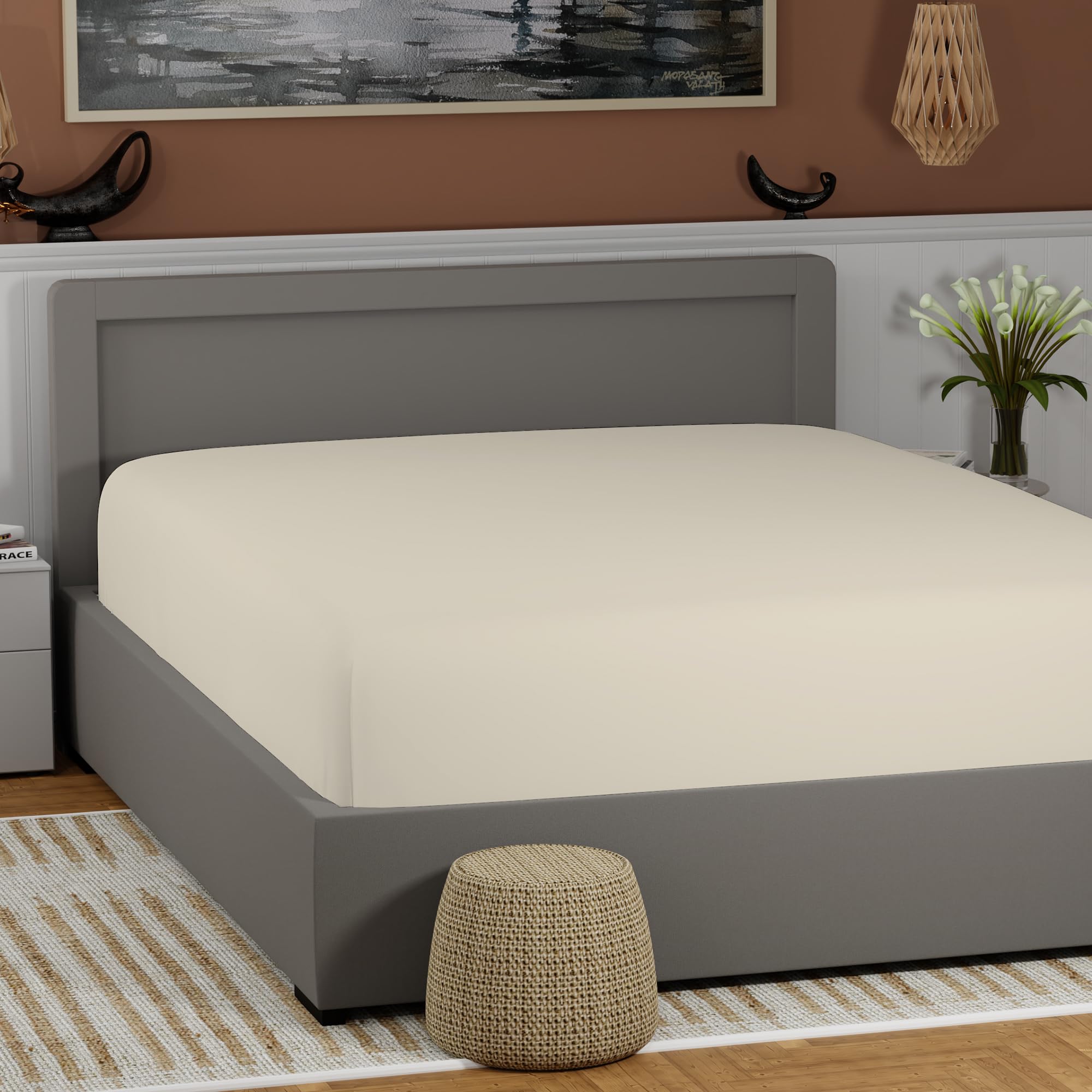 Photo 1 of 100% Cotton Fresh Ivory King Size Fitted Sheet Only, Lightweight & Breathable Bottom Sheet, Cool & Crisp Easy Fit 17 Deep Pocket King Fitted Sheet (78 W x 80 L)