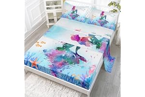 Datura home 4Pcs Kids Fitted Sheet and Flat Set Blue Princess Mermaid Printed Pattern Bedding with 1 + 2 Pillowcases for Boys Girls (Blue Twin), 67x97 Inches