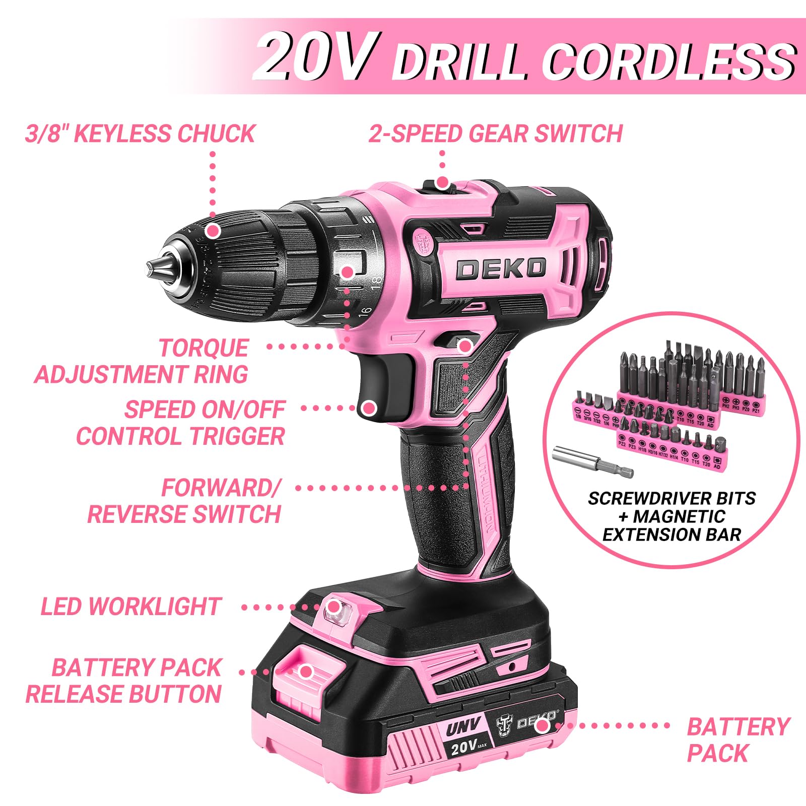 Pink Power Drill Tool Kit Set: 20V Cordless Electric Drill, Driver, Tool Box with Battery