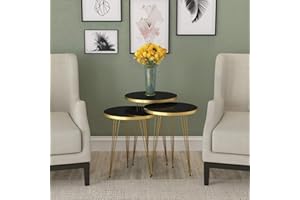 PAK HOME Set of 3 High Gloss Black Gold Legs Nesting End Tables Round Wood Stacking Coffee Side Accent Table with Metal Legs for Living Room, Home Office, Nightstands for Bedroom