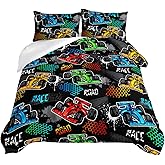 HOSIMA Child's Cartoon Racing Car Comforter for Boys' Racecar Bed Decor,Colorful Car Pattern Black Comforter Toddler Bedding Set,Cool Extreme Sports Twin Comforter Teen Kids Room Decor.