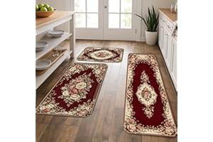 Vintage Floral Kitchen Mats for Floor, Burgundy Rose Pattern Soft Mats, Spring Cushioned Comfort Washable Non Slip Decor Rugs