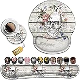 Mouse Pad with Wrist Support, Ergonomic Gel Mouse Pad, Memory Foam Keyboard Wrist Rest, Pattern Design of Skull Skeleton Flowers on Vintage Wood Suitable for Office Typing, Games, Desktop Decoration
