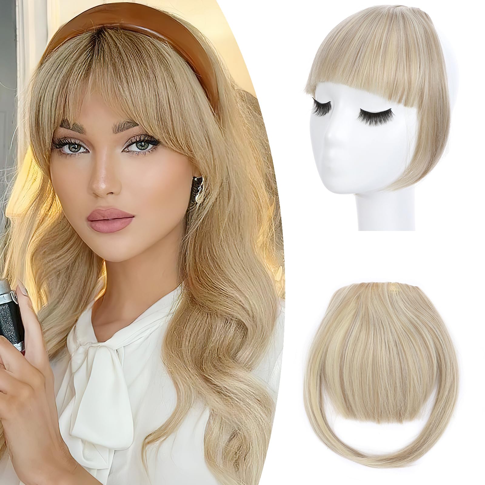 Flat Clip In On Bangs Fringe Hair Extension One Piece Synthetic With Temples Fringe Hairpiece Hair Accessories For Womens, Sandy Blonde & Bleach Blonde