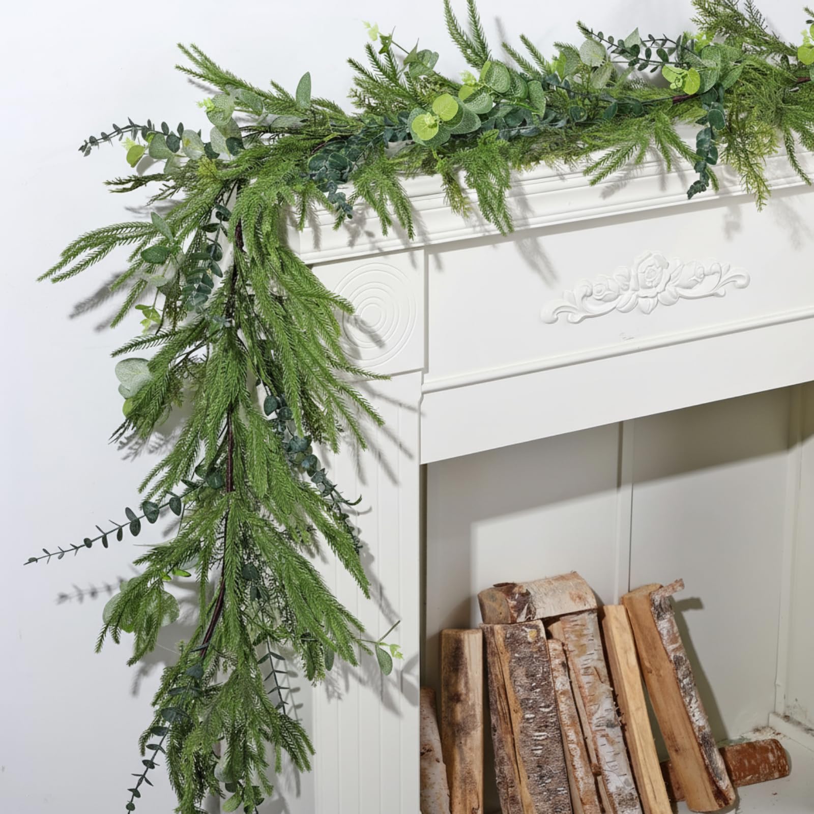Photo 1 of Wavwavw 9ft Christmas Eucalyptus Norfolk Pine Garlands, Artificial Realistic Touch Pine Greenery Garland, Winter Christmas Decoration for Xmas Table Fireplace Wall Centerpiece Decoration
