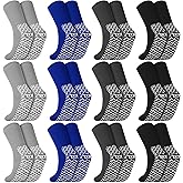 Foaincore 12 Pairs Non Slip Hospital Socks with Grips for Men Women Extra Wide Single Tread Slipper Socks for Seniors Patient