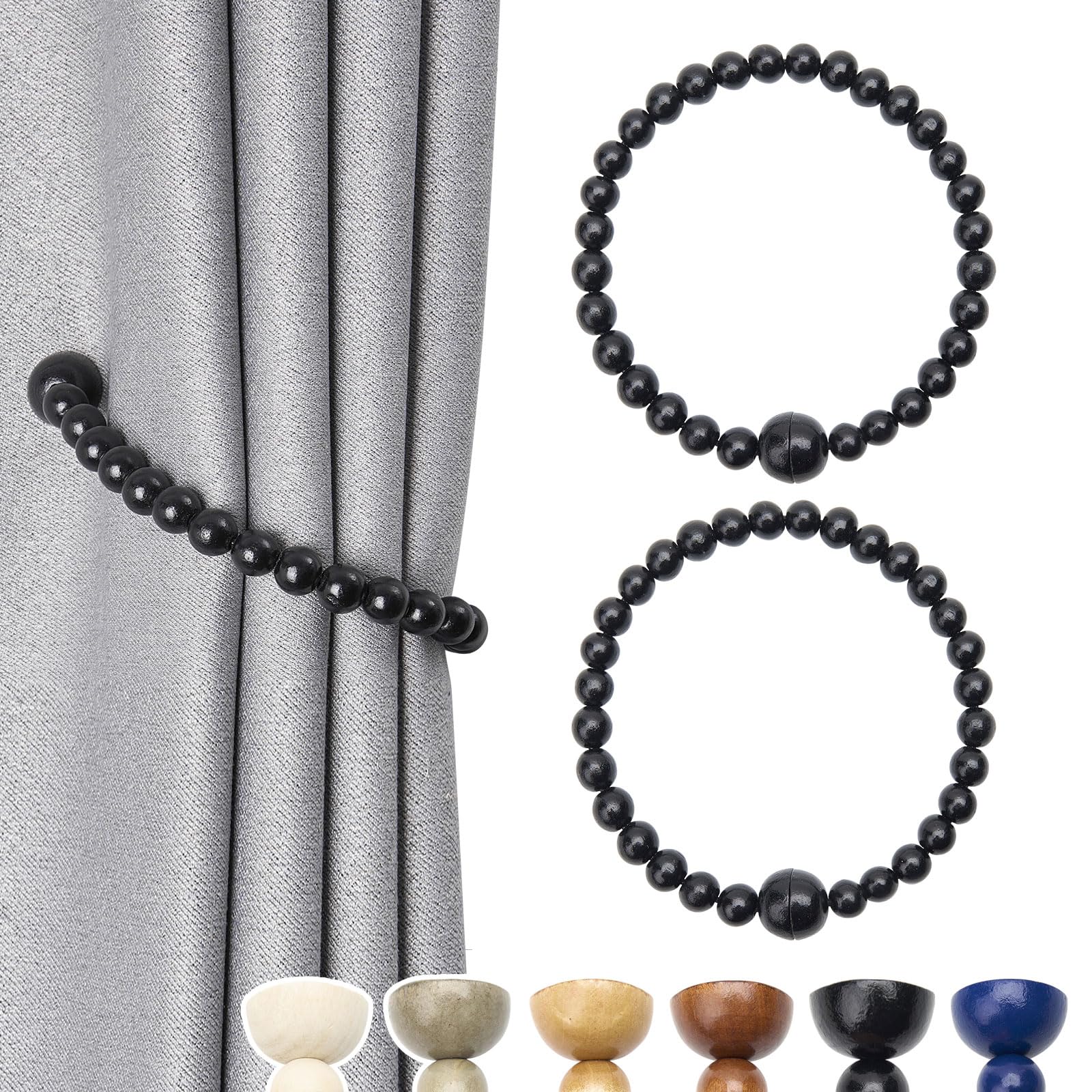 Pretty Jolly 2 Pack Wood Bead Curtain Tiebacks Boho Farmhouse Decor Drape Tie Backs Strong Magnetic Natural Wooden Beaded Curtain Holdbacks for Home & Office Outdoor Window Draperies (Black)