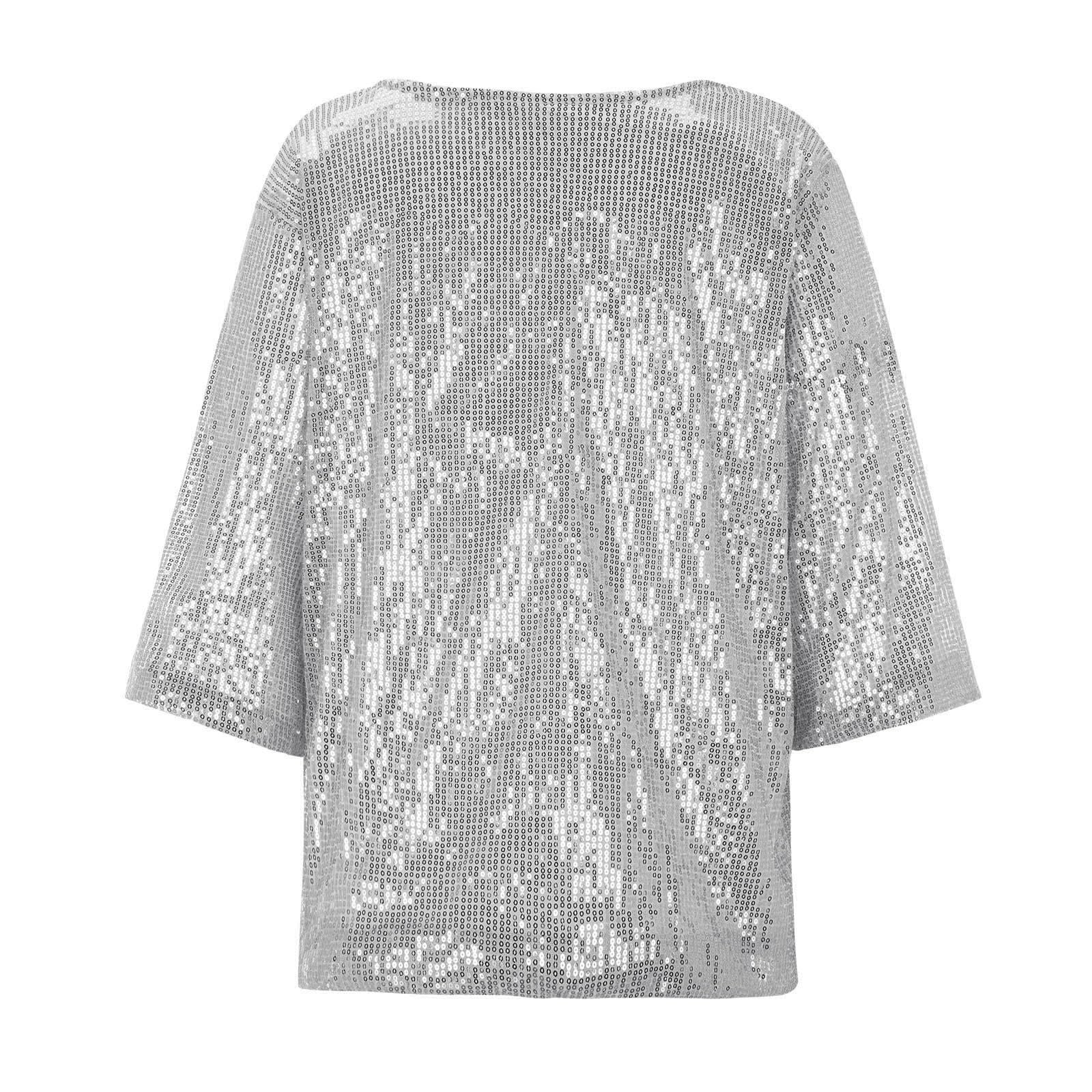 Pailletten Oberteil Damen Silber - Glitzer Party Top Oversize Langarm Mit Glitzer, Festlich & Elegant