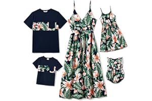 PATPAT Family Matching Outfits Mommy and Me Dresses Hawaiian Tropical Print Spaghetti Strap Dress and Shirt Matching Set