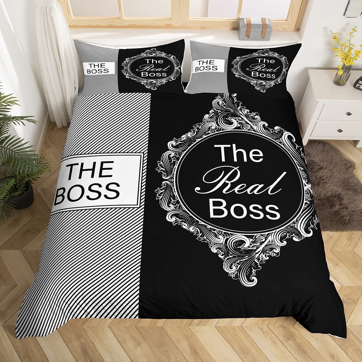 Homewish The Boss The Real Boss Gifts Bedding Set Black And White Duvet Cover Grey Vintage Dressing Mirror Comforter Cover Super King Couples Gifts For Husband And Wife Gifts For Women — image 1