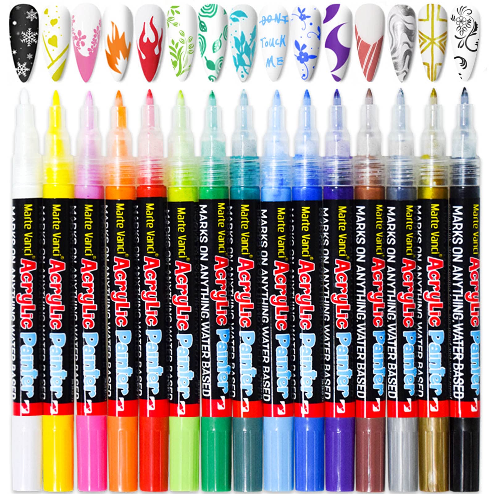 Marte Vanci Nail Art Pens, 15 Colours Acrylic Paint Pens Fine Tip, Art Marker Set for DIY Nails Beauty Doodling Graffiti Colouring Rock Painting Wood Glass Ceramic Christmas Card Crafting Gift