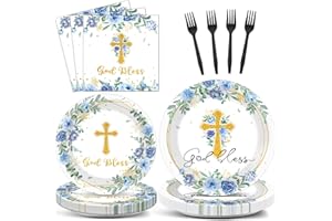 NAOZINEBI God Bless Baptism Plates and Napkins First Holy Communion Party Tableware Set Christening Ceremony Newborn Dinnerware Cross Blue Floral Plate Fork for Mi Bautizo Baby Shower Decor Supplies Serve 24