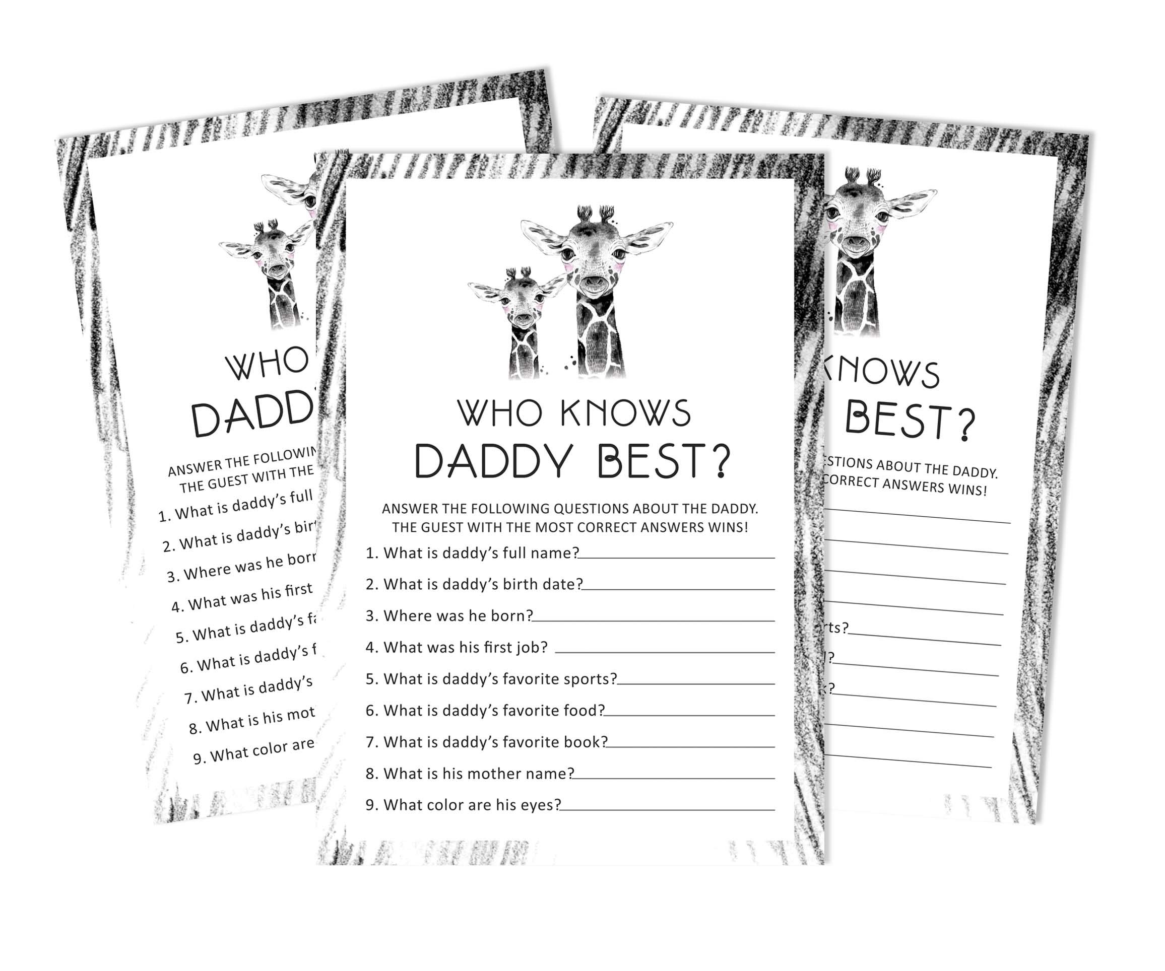 Inkdotpot Giraffe Jungle Animals Who Knows Daddy Best Baby Shower Game Cards Fun Activity Cards Set Of 50 Party Theme