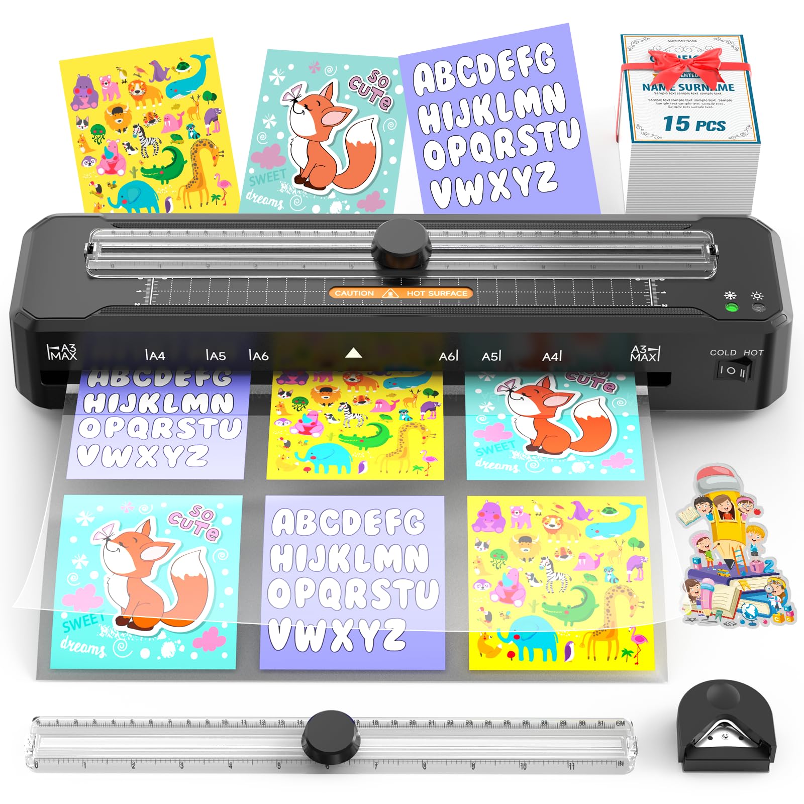 Laminator A3 with Paper Cutter + Sheets + Corner Rounder + Scale Line, ABS Anti-Jam Technology | Dual Hot and Cold Mode| 90s Preheat for A3 A4 A5 A6, Laminator Machine for Home Office School