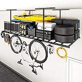 FLEXIMOUNTS 4x8 Overhead Garage Storage Rack with 6 Hooks, Adjustable Storage Organization System, Heavy-Duty Metal Ceiling Racks, 22.6" -39.4" Ceiling Dropdown, Black, Lite Series