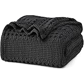 PHF 100% Cotton Waffle Weave Blanket Queen Size for Bed, Soft Lightweight & Breathable for Spring and Summer, All-Season Comfort, Luxury Aesthetic Blanket for Home Decor, 90"x90", Black