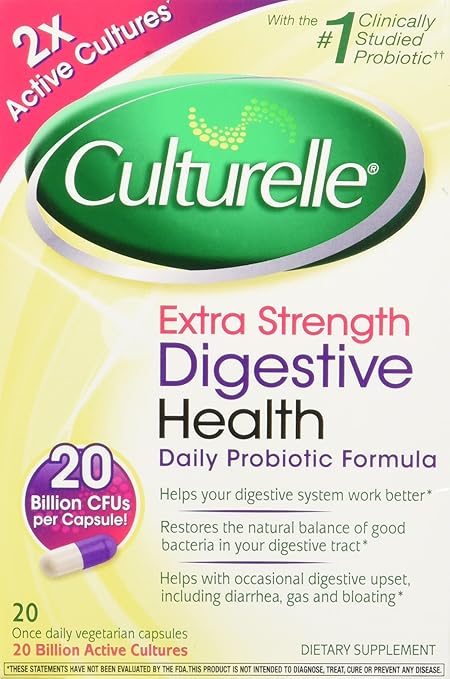 Culturelle Extra Strength Digestive Health Daily Formula, One Per Day Dietary Supplement, Contains 100% Naturally Sourced Lactobacillus GG –The Most Clinically Studied Probiotic†, 20 Count