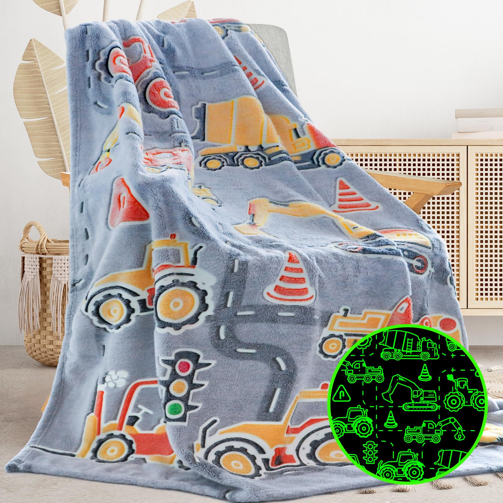 Gitrat Glow in The Dark Blanket Easter Gifts for Kids Fuzzy Cozy Warm Soft Fleece Glowing Tractor Blankets for Bed Sofa Couch Unique Gifts Construction Truck Throw Blanket for Boys Teens 50"×60"