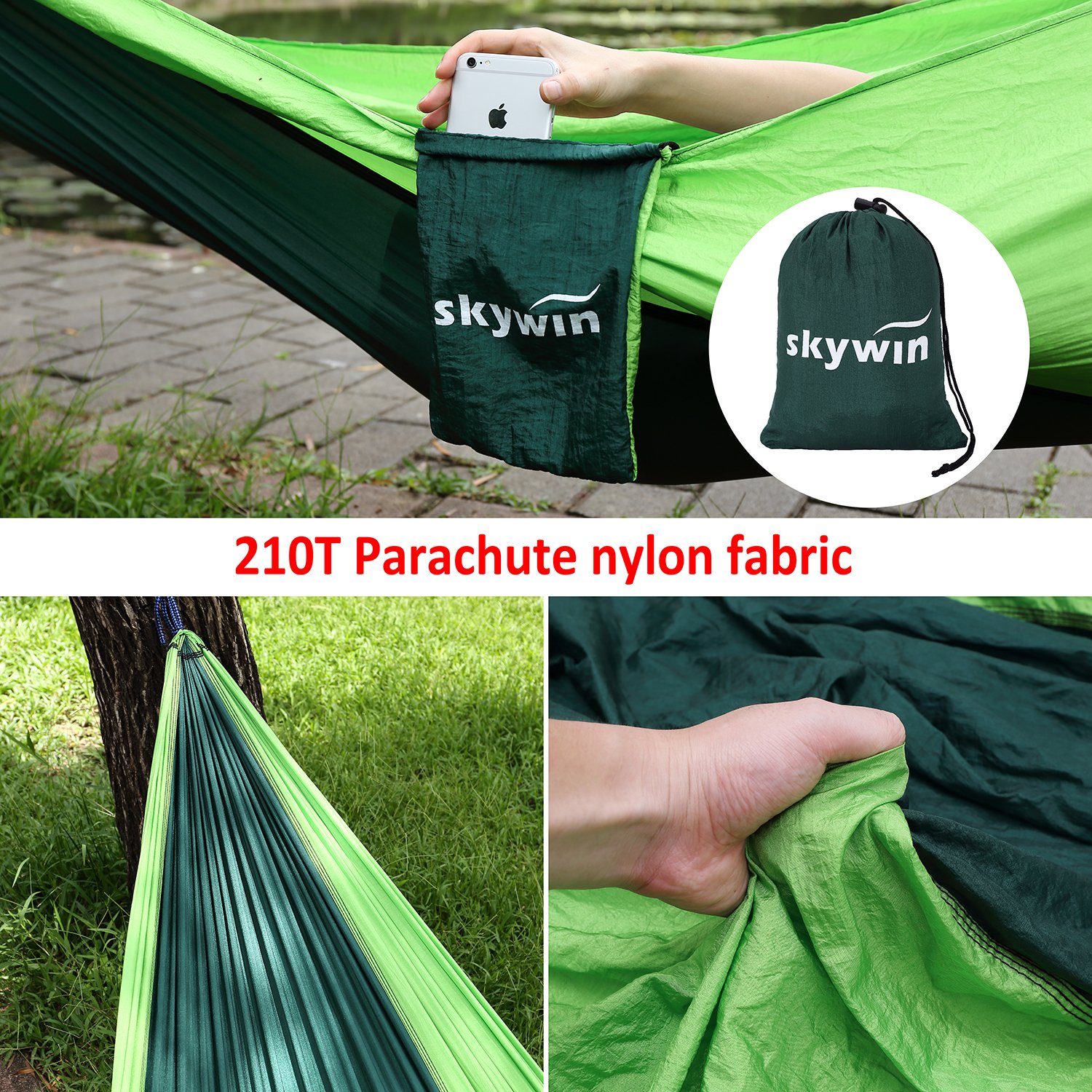 SKYWIN Camping Hängematte Leicht Fallschirm Hängematte Multifunktionell Zum Reisen,Camping,Wandern,Strand,Garten,Tragbar mit 2 Karabiner und 2 Hängende Seile 3 Meter von jedem (Grün Stitching)