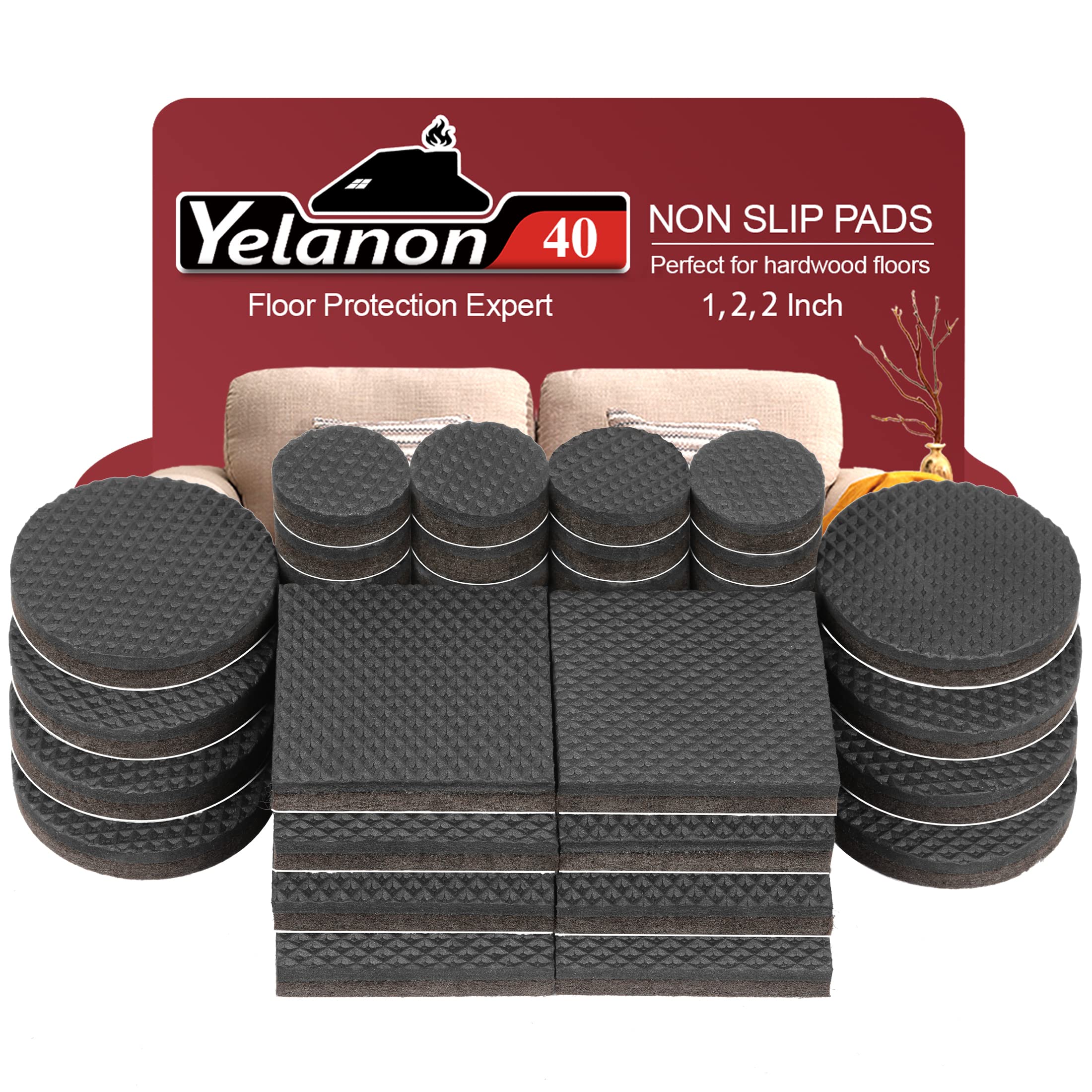 Yelanon Non Slip Furniture Pads 40 pcs(1+2+2)" Furniture Grippers Hardwood Floors, Non Skid for Furniture Leg,SelfAdhesive Rubber Furniture Feet, Anti Slide Furniture Floor Protector