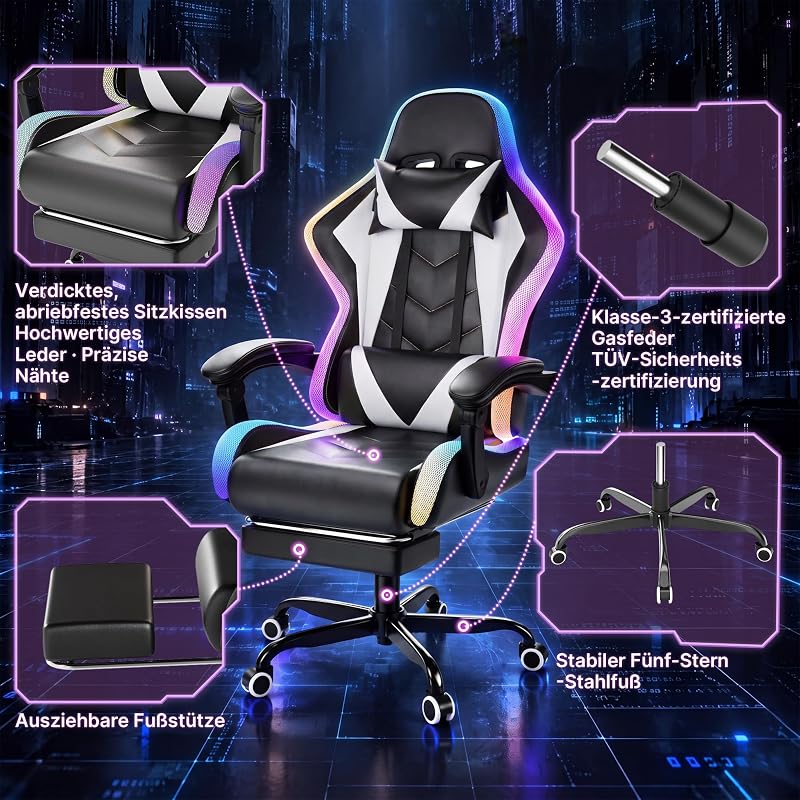 Gaming Stuhl mit led, Cool Racing Gamer Stuhl, Ergonomischer Bürostuhl mit Massagefunktion, Verstellbare Rückenlehne 90-135°, mit Teleskop Fußstütze, Gamingstuhl 150 kg belastbarkeit, Weiß — Foto 6 von 8
