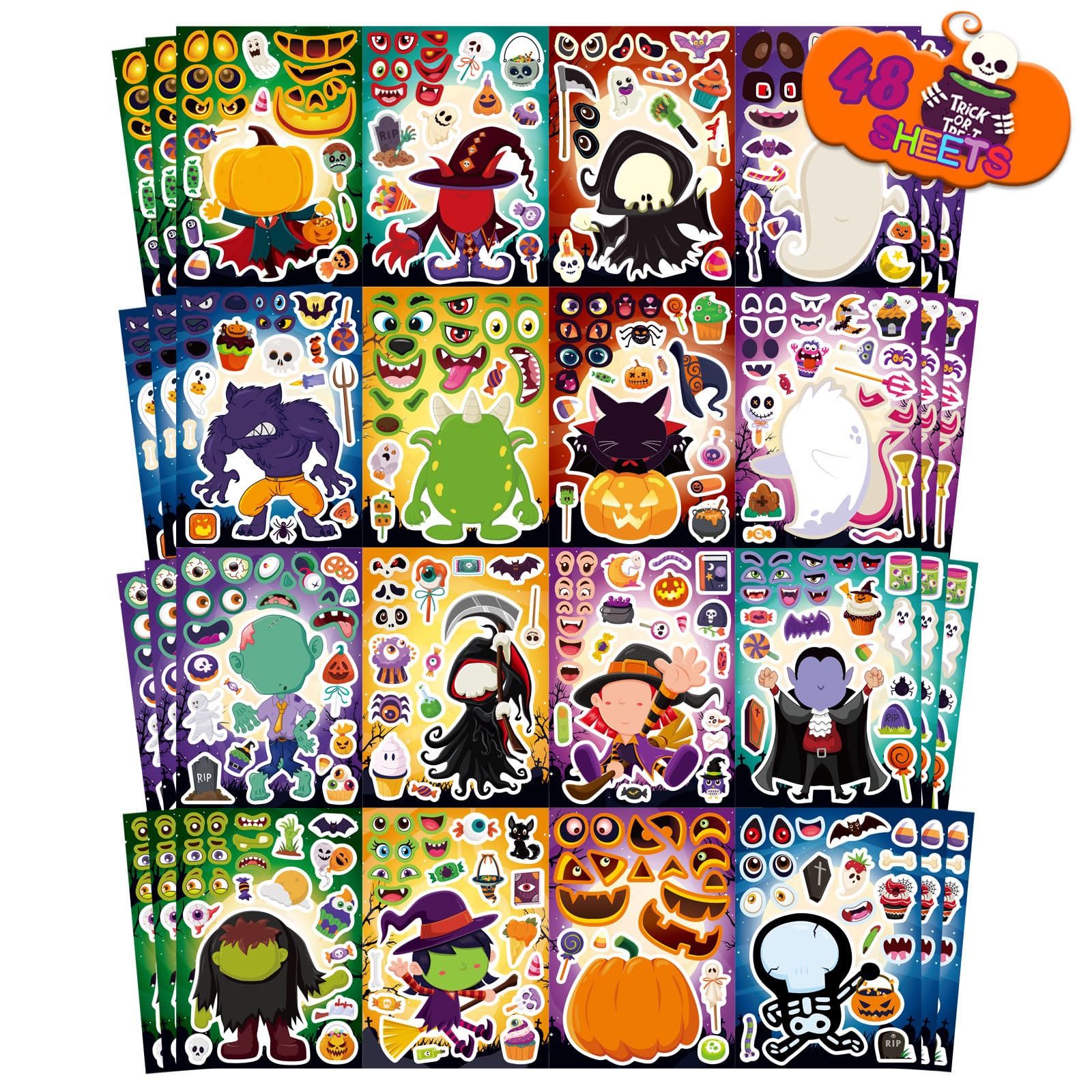 Photo 1 of 48 Sheets Halloween Make a Face Stickers for Kids, 16 Design Make Your Own Character Mix and Match Stickers Sheets Halloween Party Favor