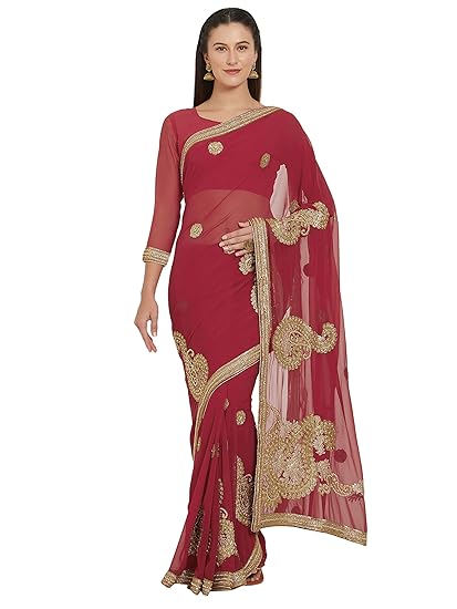 Womens Heavy Sequins Zari Embroidery Bridal Saree with Beads/Moti Work (9713)
