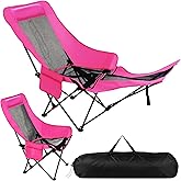Hot Pink Reclining Camping Chair with Footrest, Portable Folding Lounge Chair, 4-Position Adjustable Folding Camping Chair With Headrest & Storage Bag for Outdoor Lawn, Hiking, Picnic, Fishing
