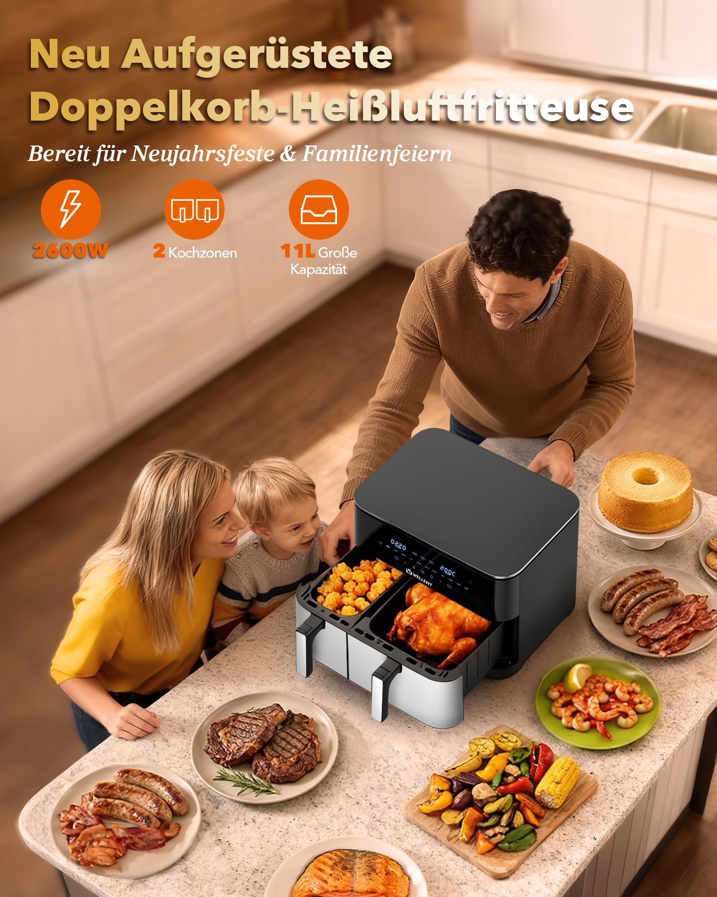 Heißluftfritteuse 2 Kammern, 2600W 11L Airfryer XXL(4+7L) WELLENT 10-in-1 Heissluftfritteuse Doppelkammer Air fryer Dual Zone mit Touchscreen, Match & Synchronisierungsfunktion, spülmaschinenfest 2