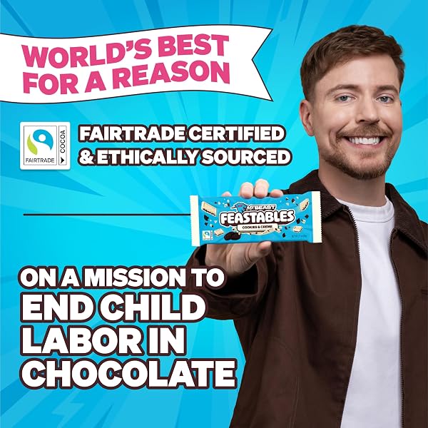 MRBEAST FEASTABLES COOKIES & CREME CHOCOLATE BAR, KING SIZE, 10 COUNT, WHITE CHOCOLATE WITH COOKIE PIECES, FAIRTRADE COCOA, 2.1OZ EACH