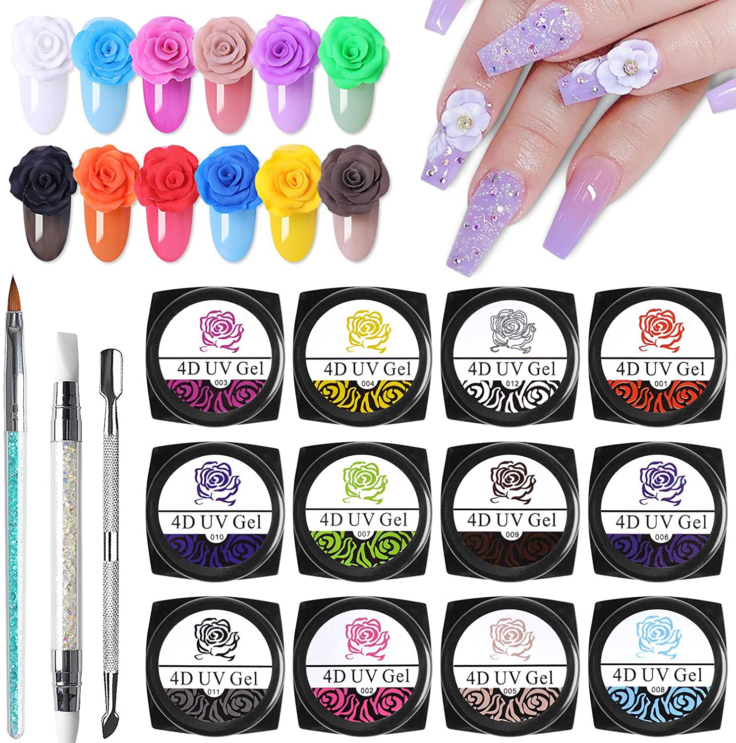 Kalolary Sculpture Carved Nail Gel Set, 12 Color Sculpture Carved Gel Nail Polish with 1pcs Nail Art Sculpture Pen, 1pcs Double-ended Nail Cuticle Pusher Cutter and a Nail Carving Brush