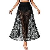 LYANER Women's Lace Sheer Mesh Ruched Ruffle Elastic A Line with Inner Shorts Sexy Long Skirt