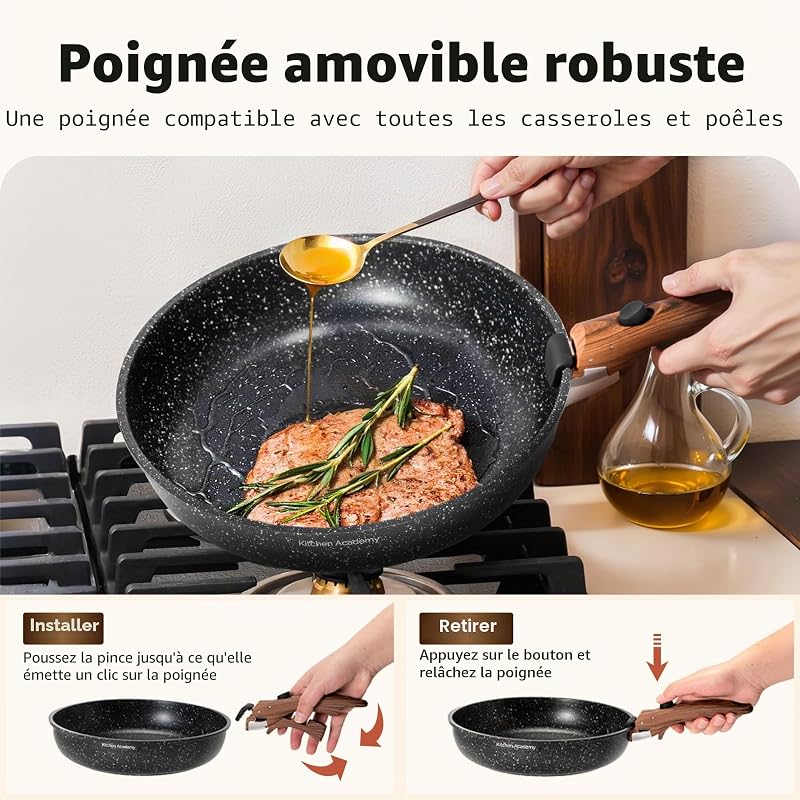 Lot de 10 Casseroles et Poêles,Poignée Amovibl,Noir