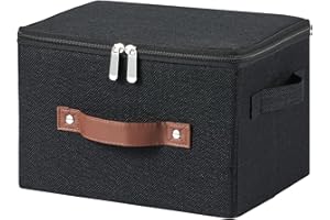 VinneGenzz Storage Bins with Zipper Lid Cotton Linen Fabric Lidded Storage Baskets Boxes Foldable Washable Closet Shelf Clothes Organizer Container with PU Leather Handles (Black, Small Size)