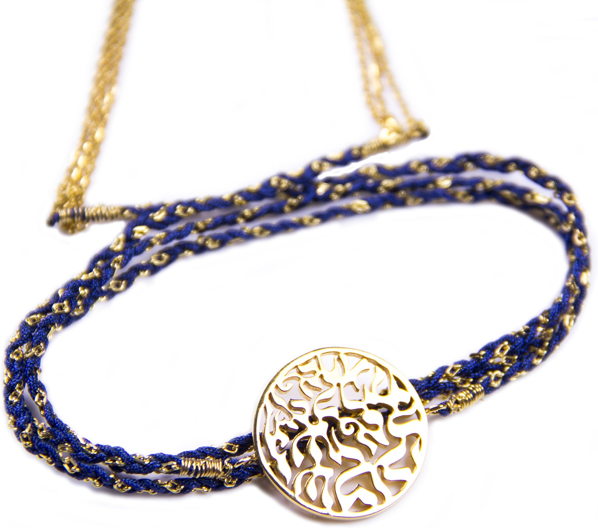 Midnight Blue Silk and Chain Wrap Bracelet with Chakra Circle of Life Symbol in Gold Plated Silver by Penny Levi