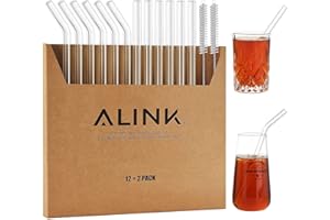 ALINK 14 Pack Glass Smoothie Straws, Long 8.5" x 10 mm Reusable Clear Drinking Straws for Smoothie with 2 Cleaning Brush