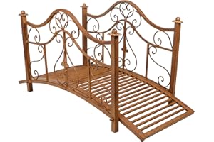 SOLUTION4PATIO EXPERT IN GARDEN CREATION Solution4Patio 3.4 FT Metal Garden Bridge, Small Yard Bridge Vintage Iron Yard Arch Path Bridges with Patterned Guardrails for Creek, Pond, Backyard Landscaping Decor,Light Brown