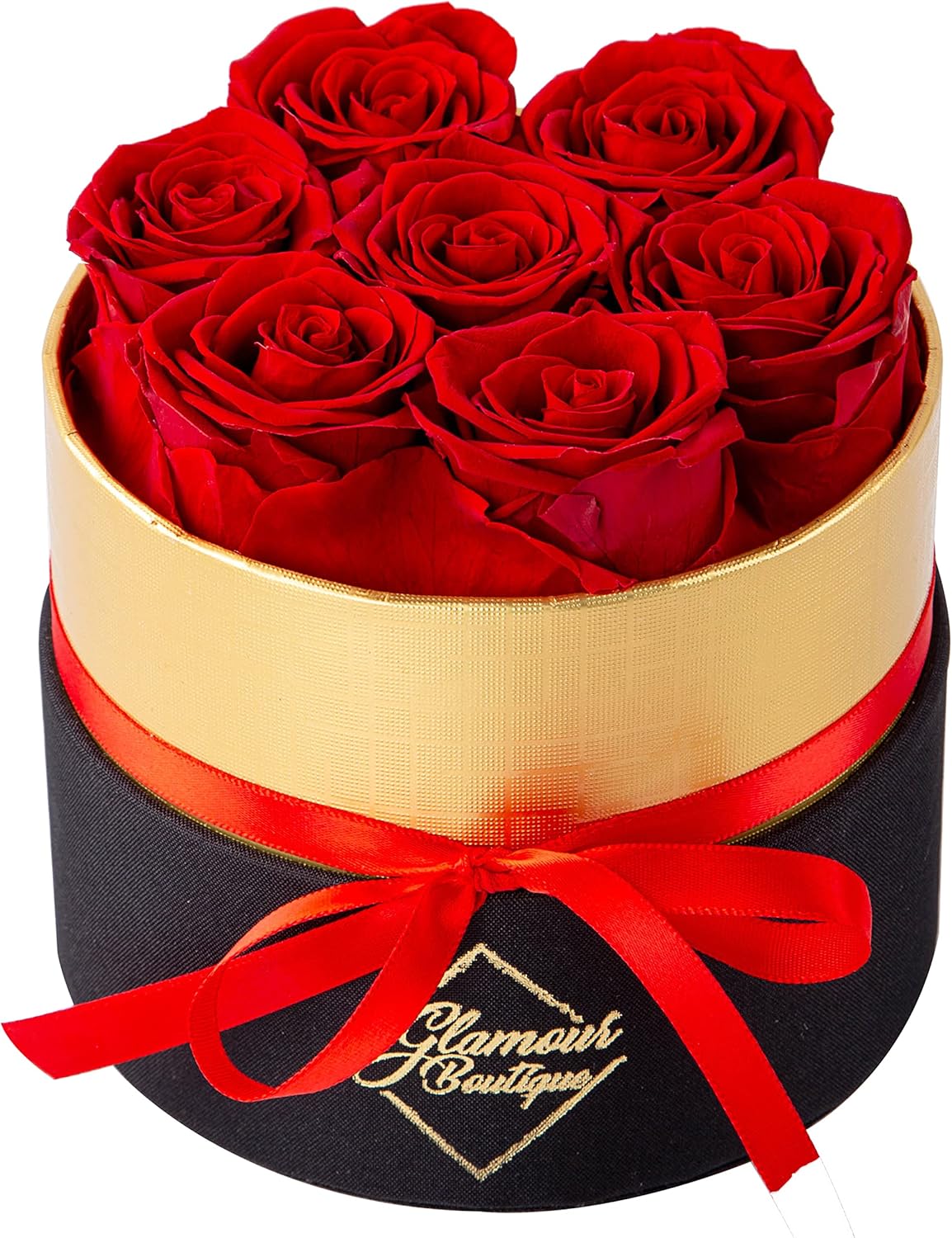 Dried & Preserved Flora - GLAMOUR BOUTIQUE 7-Piece Forever Flowers Round Box - Preserved Roses, Immortal Roses That Last A Year - Eternal Rose Preserved Flowers for Delivery Prime Mothers Day & Valentines Day - Red