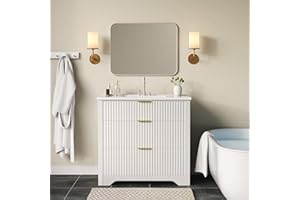 IDEALHOUSE 36" Fluted Bathroom Sink Vanity, Farmhouse-Style Freestanding Cabinet with 2 Pull-Out Drawers & 1 Drop-Down Drawer