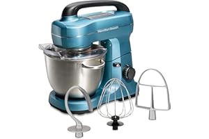 Hamilton Beach Electric Stand Mixer, 4 Quarts, Dough Hook, Flat Beater Attachments, Splash Guard 7 Speeds with Whisk, Blue