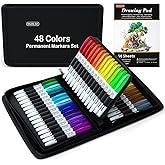 Shuttle Art Permanent Markers, 48 Colors Fine Point, Assorted Colors with Travel Case, Ideal for Adults Coloring Doodling on Plastic, Glass, Wood and Stone, Gift for Kids