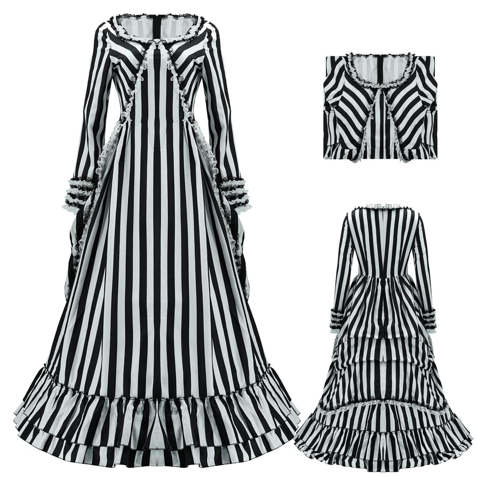 AYYOHON Katrina Van Tassel Costume Dress Sleepy Cosplay Hollow Black and White Striped Dress Halloween Renissanca Dress S