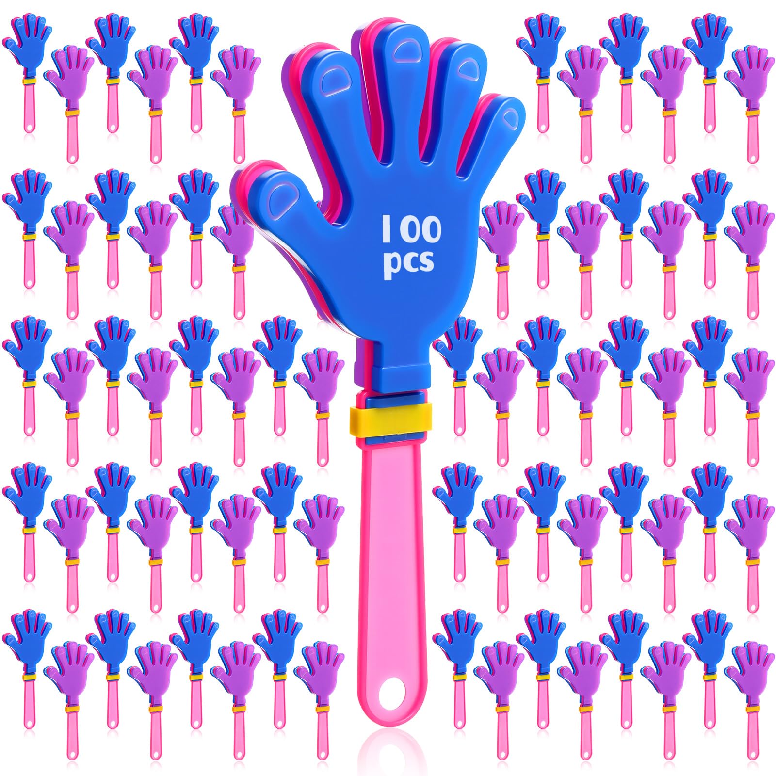 Photo 1 of Lenwen 100 Pcs Hand Clappers Noisemakers 7.5 Inch Plastic Noise Makers Party Favors cheering accessories for Sporting Events Football Basketball Dance Birthday Party Supply (Blue Purple and Rose Red)